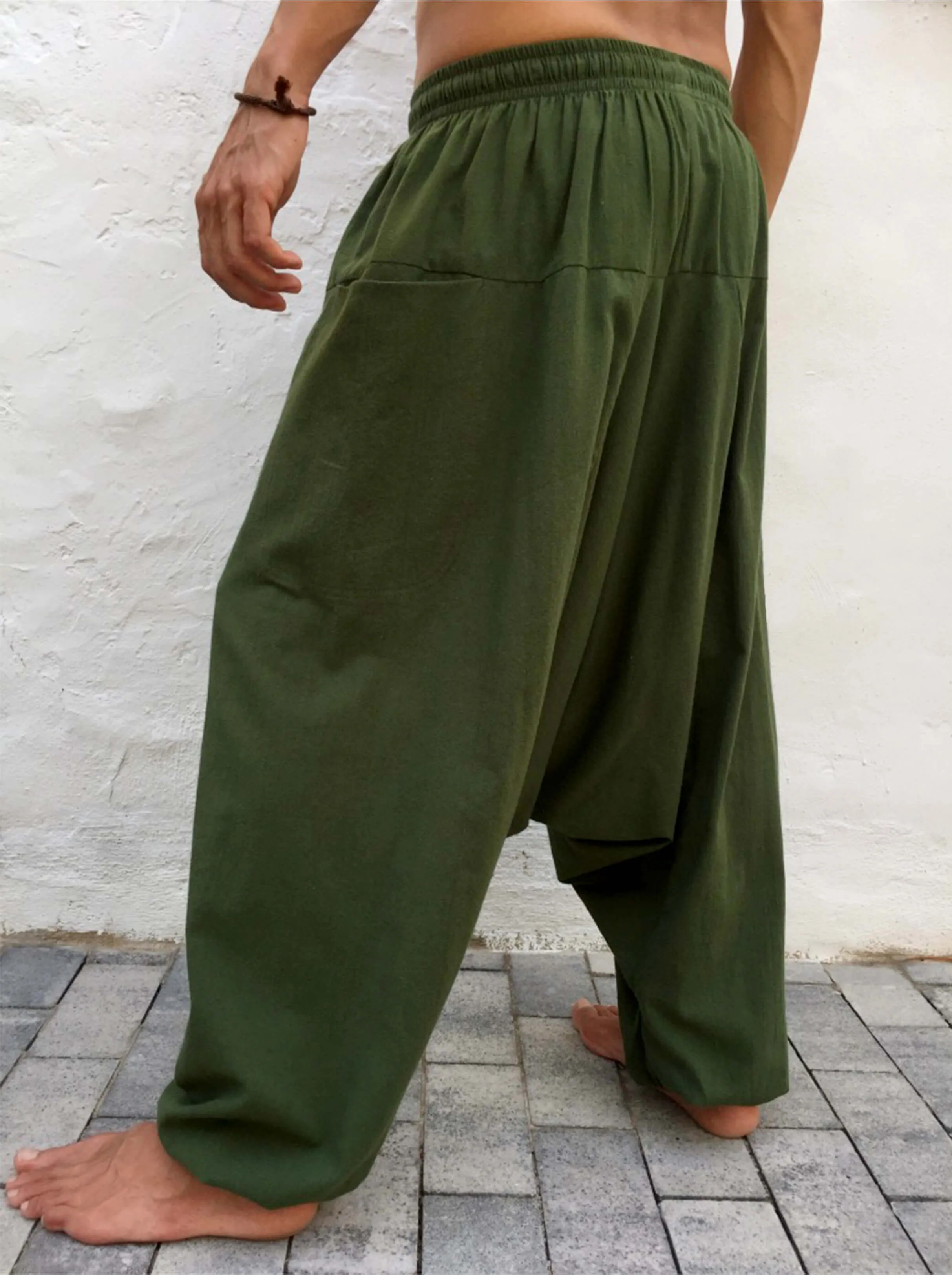 Baggy Cotton Pants with Pockets Green