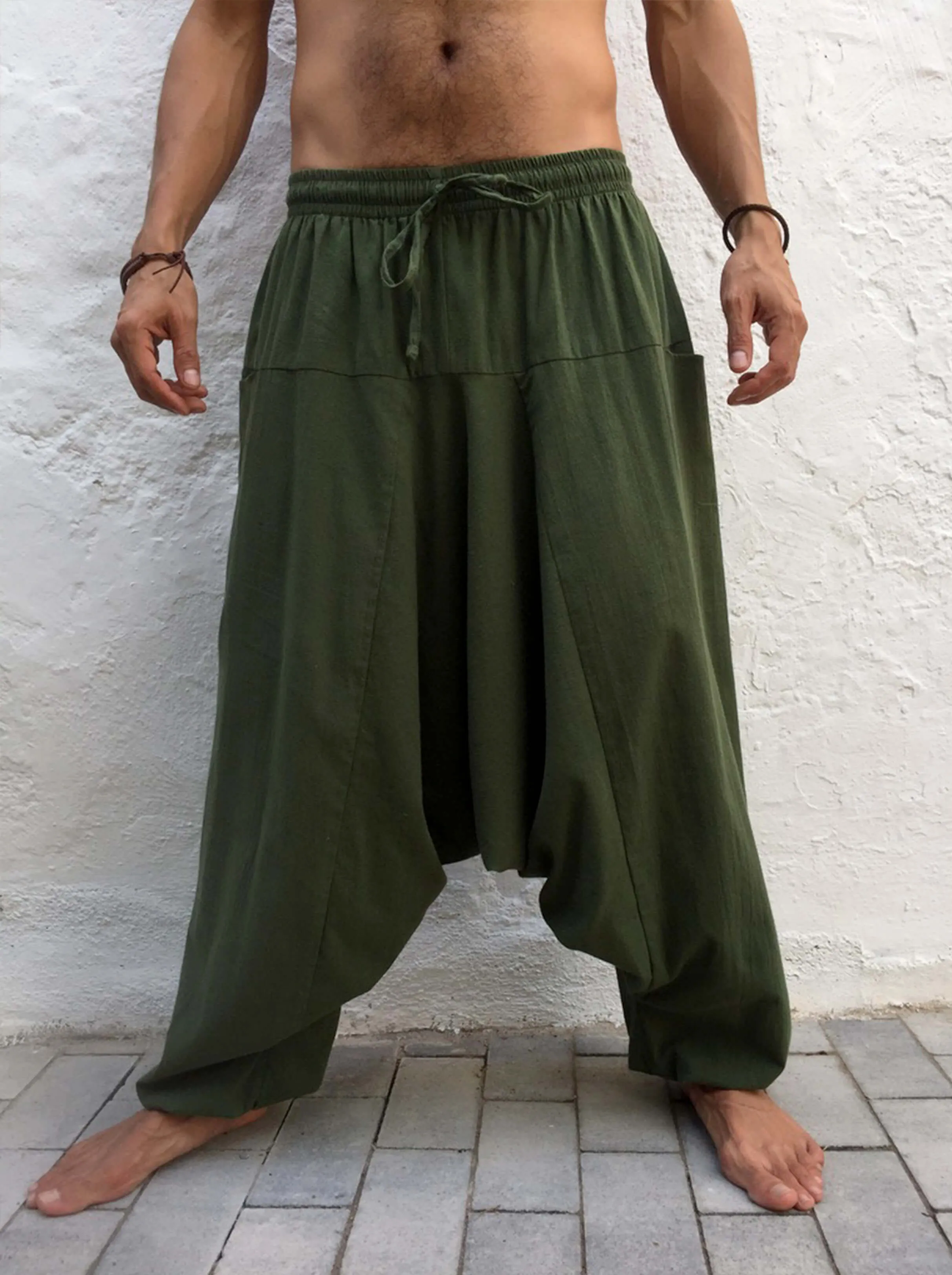 Baggy Cotton Pants with Pockets Green