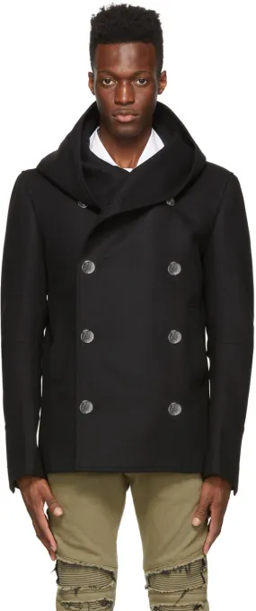 Balmain Black Wool Hooded Pea Coat