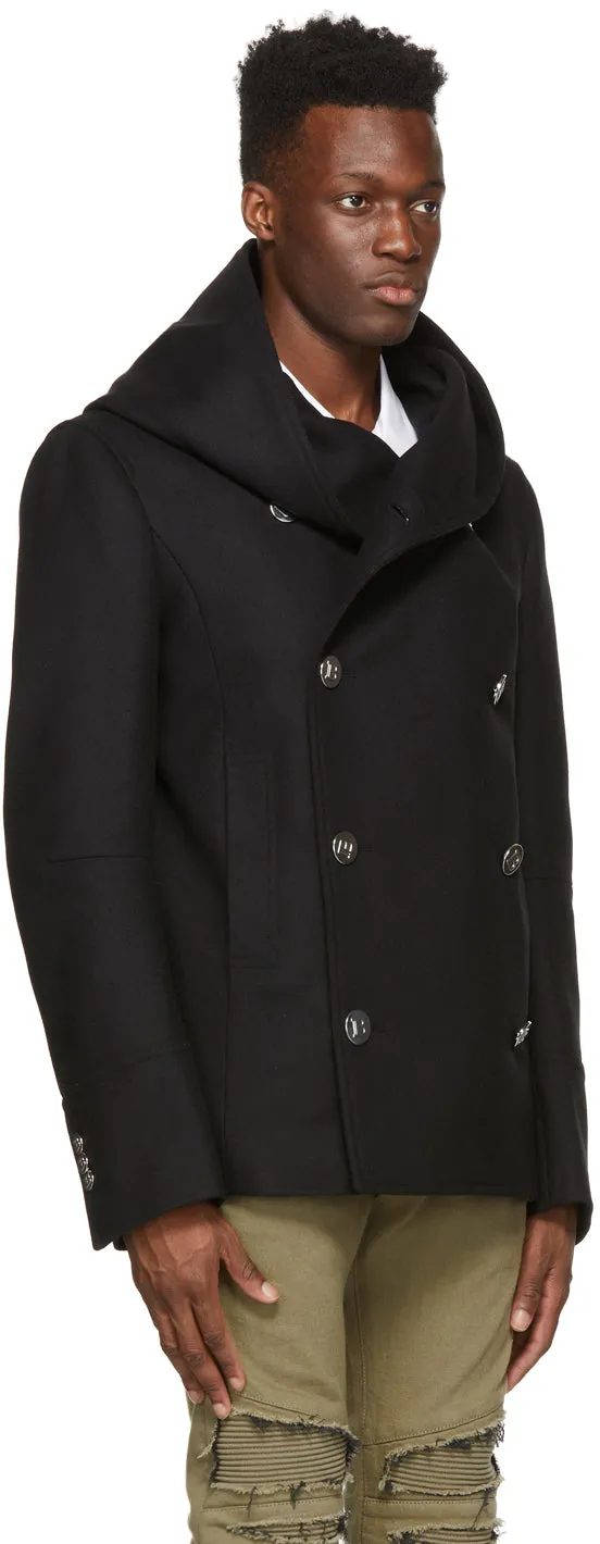 Balmain Black Wool Hooded Pea Coat