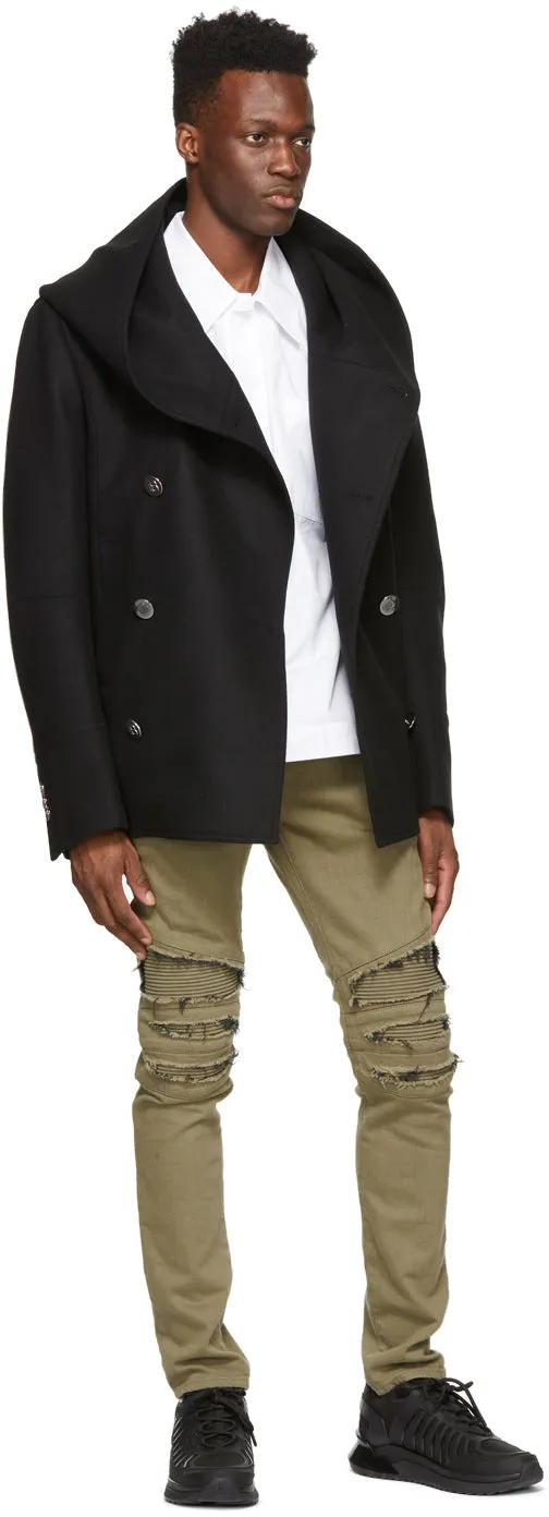 Balmain Black Wool Hooded Pea Coat