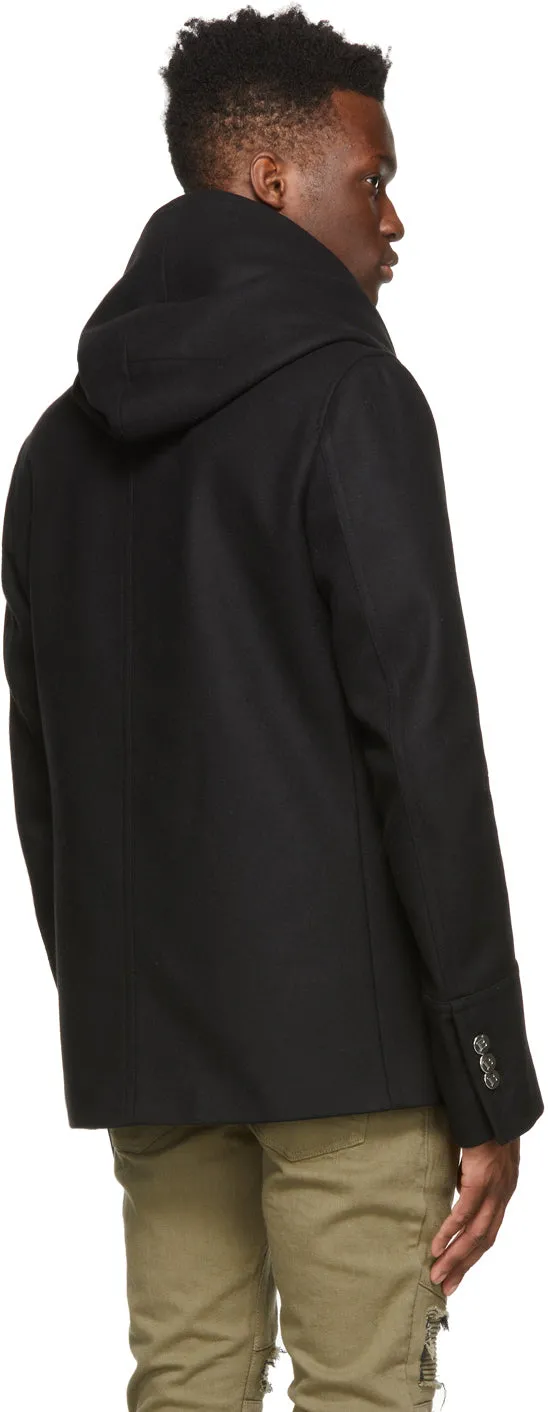 Balmain Black Wool Hooded Pea Coat