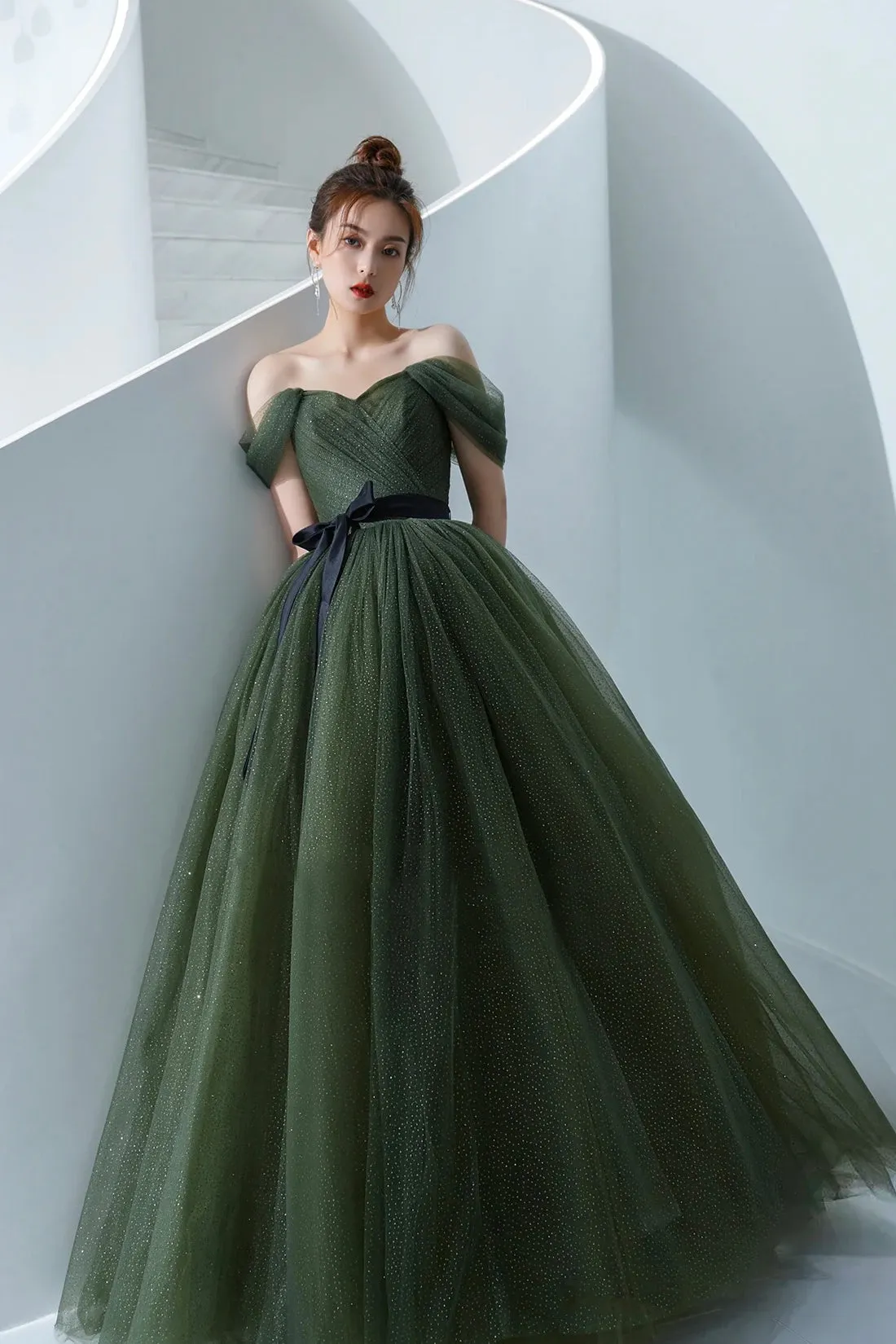 Beautiful A-Line Green Tulle Long Prom Dress, Off the Shoulder Evening Party Dress