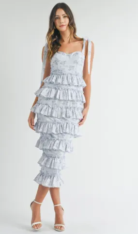 Bella Floral Ruffle Midi Dress Blue