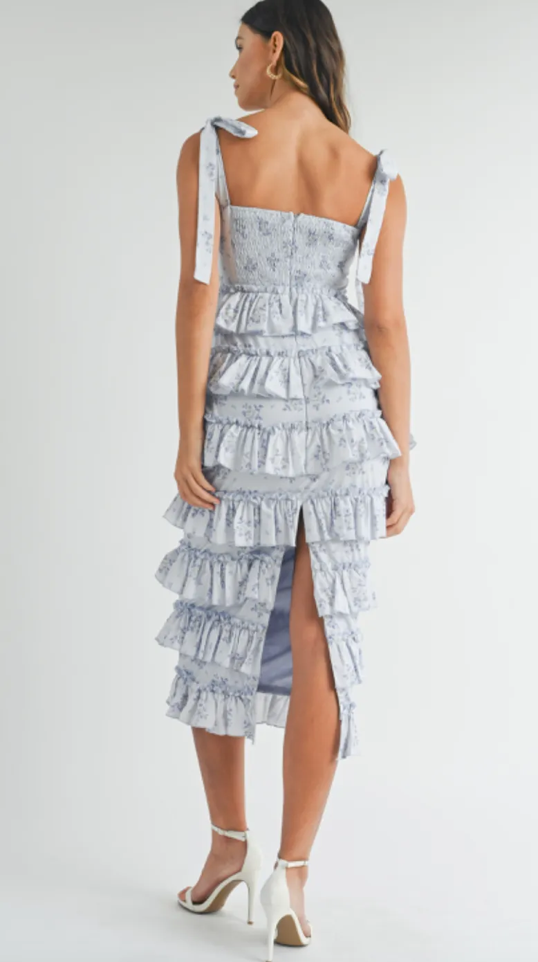 Bella Floral Ruffle Midi Dress Blue