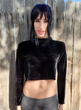 Black Faux Velvet Long Sleeve Crop Top Sweater / Cropped Sweater / Made in USA
