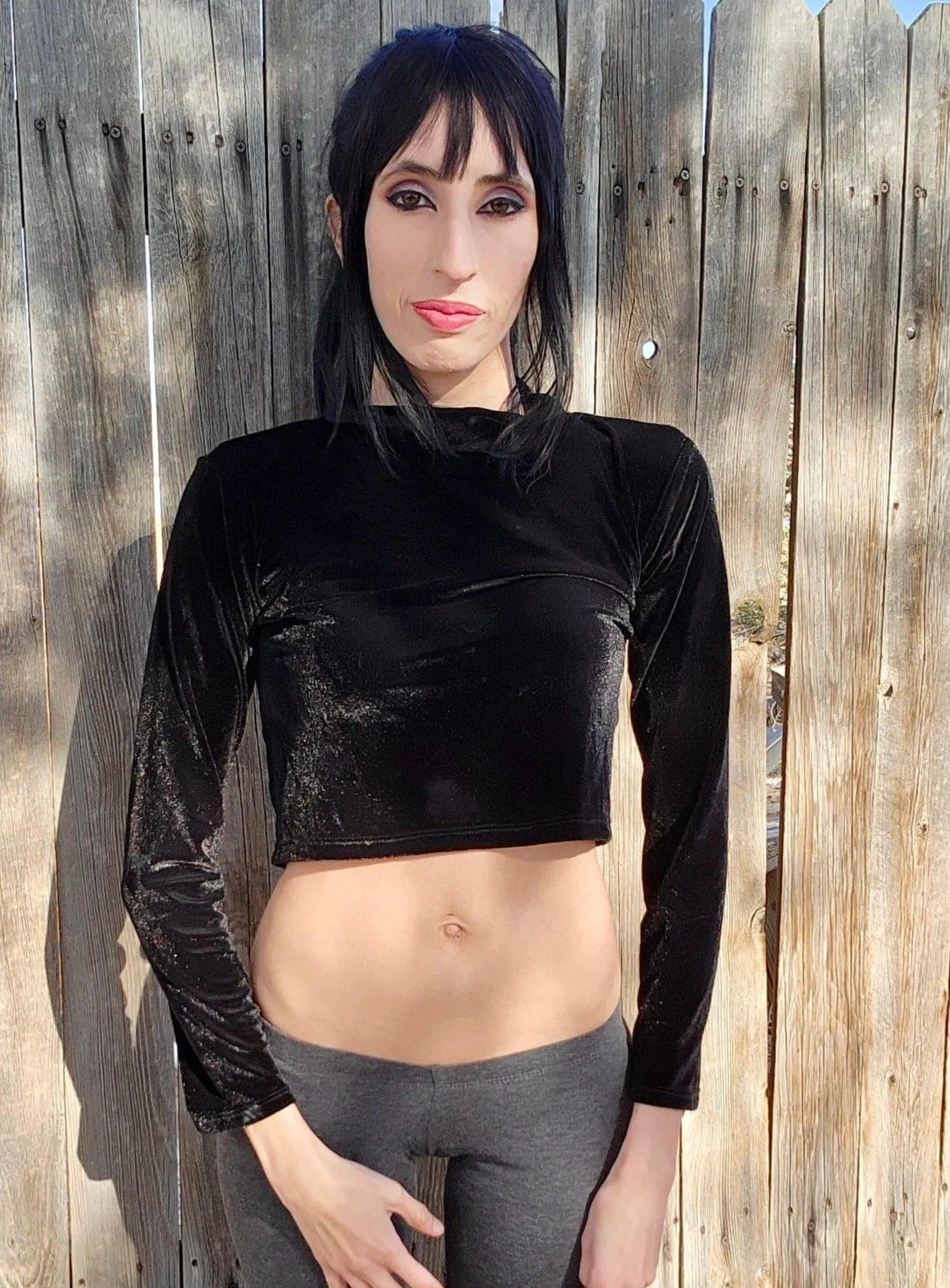 Black Faux Velvet Long Sleeve Crop Top Sweater / Cropped Sweater / Made in USA