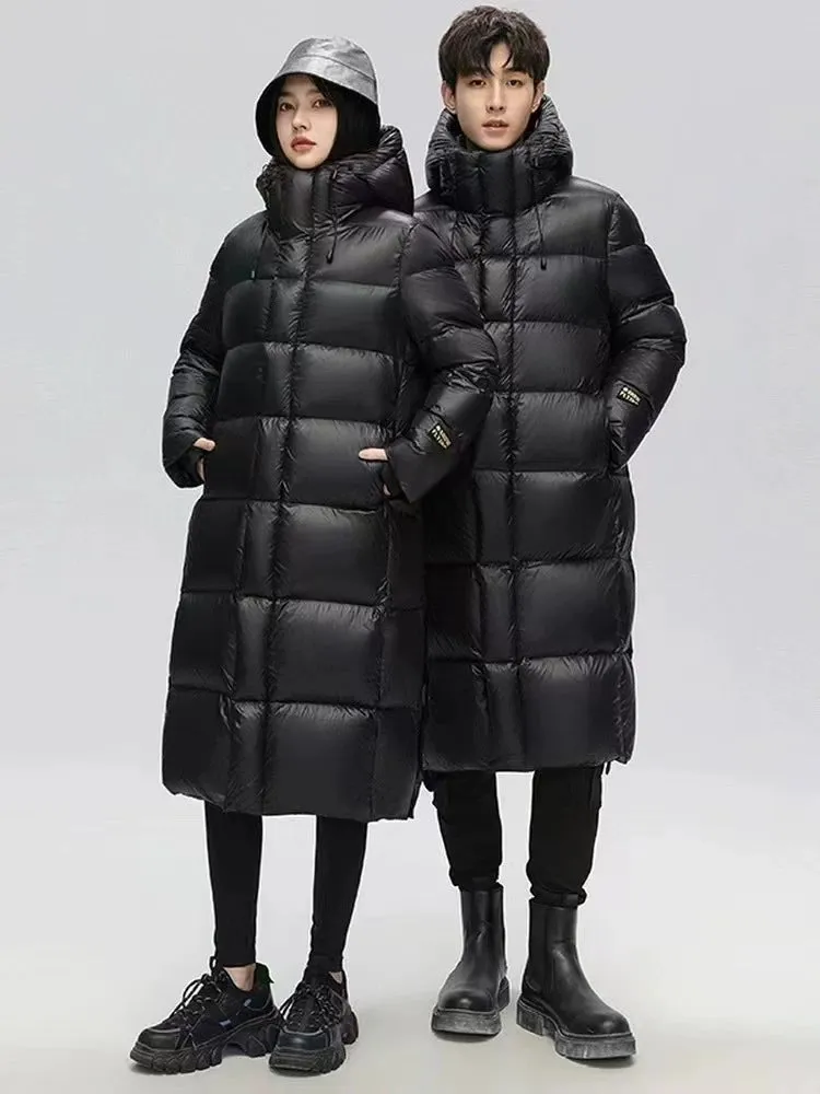 Black Gold Down Jacket – Unisex Thickened Long Winter Coat with White Goose Down, Over-the-Knee, Heattech, Trendy Couple Coat
