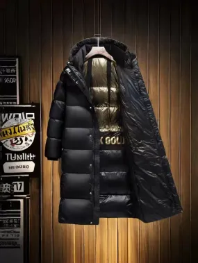 Black Gold Down Jacket – Unisex Thickened Long Winter Coat with White Goose Down, Over-the-Knee, Heattech, Trendy Couple Coat