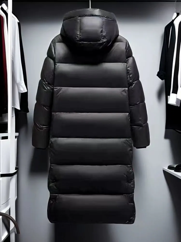 Black Gold Down Jacket – Unisex Thickened Long Winter Coat with White Goose Down, Over-the-Knee, Heattech, Trendy Couple Coat