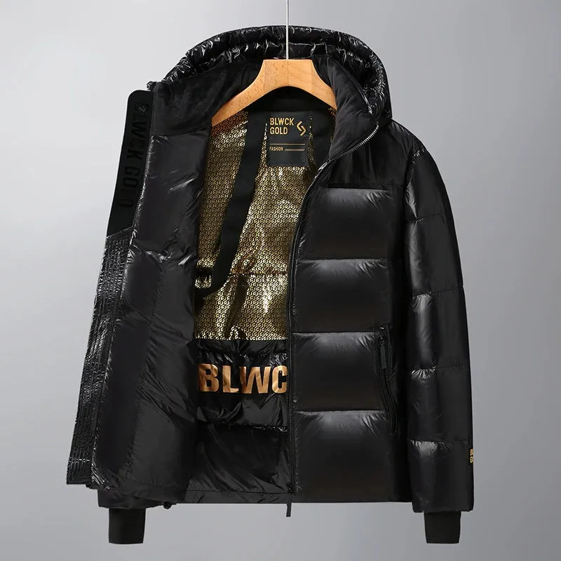 Black Gold Down Jacket – Unisex Thickened Long Winter Coat with White Goose Down, Over-the-Knee, Heattech, Trendy Couple Coat