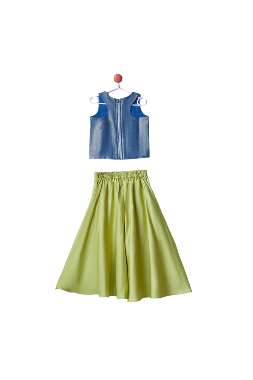 Blue 3D Embroidery Denim Crop Top With Green Palazzo Set