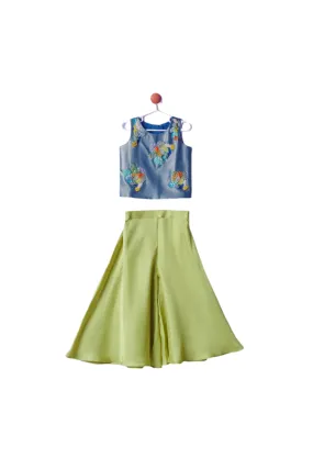 Blue 3D Embroidery Denim Crop Top With Green Palazzo Set