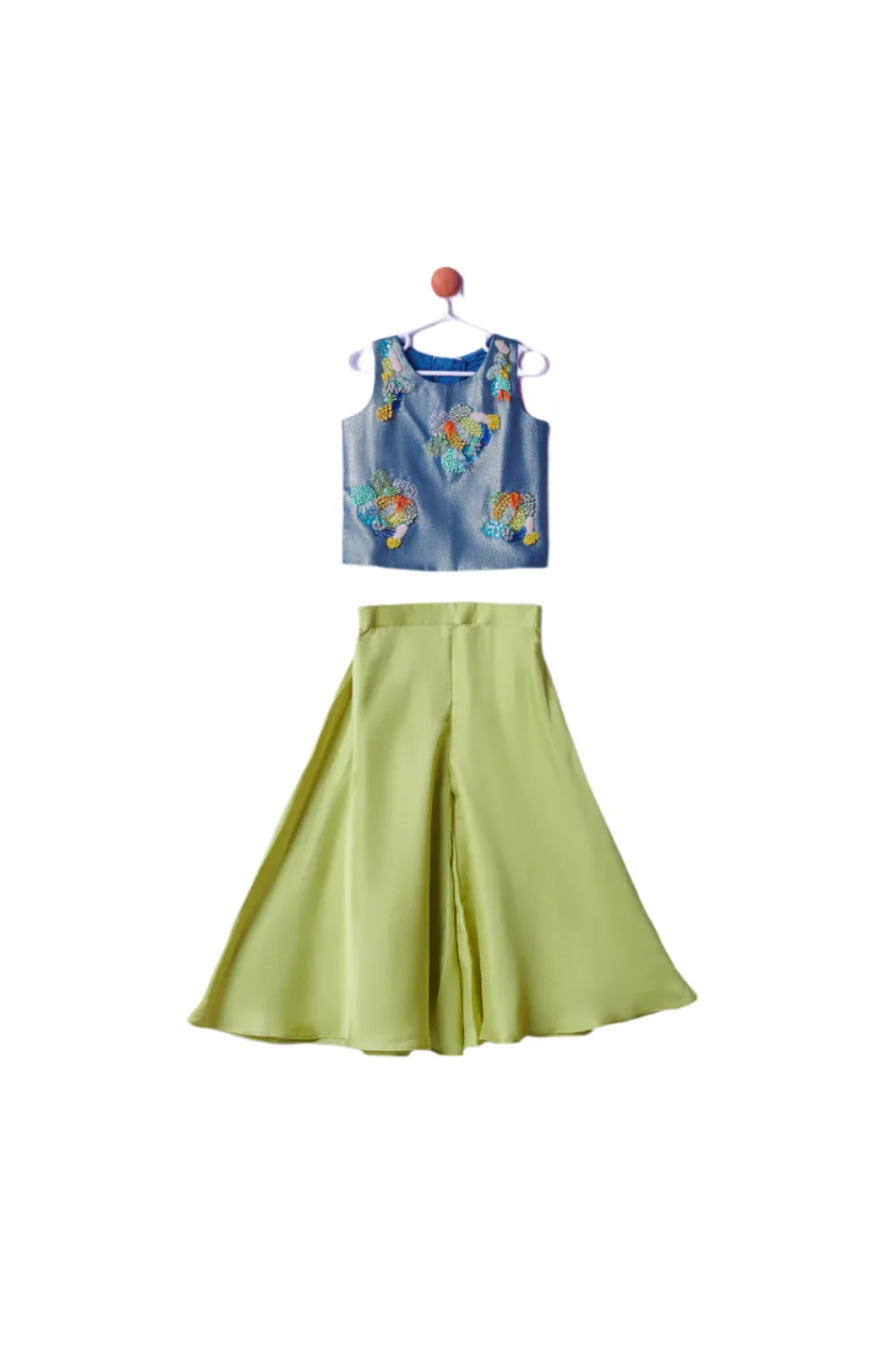 Blue 3D Embroidery Denim Crop Top With Green Palazzo Set