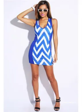 Blue Chevron clubbing party stretch mini dress