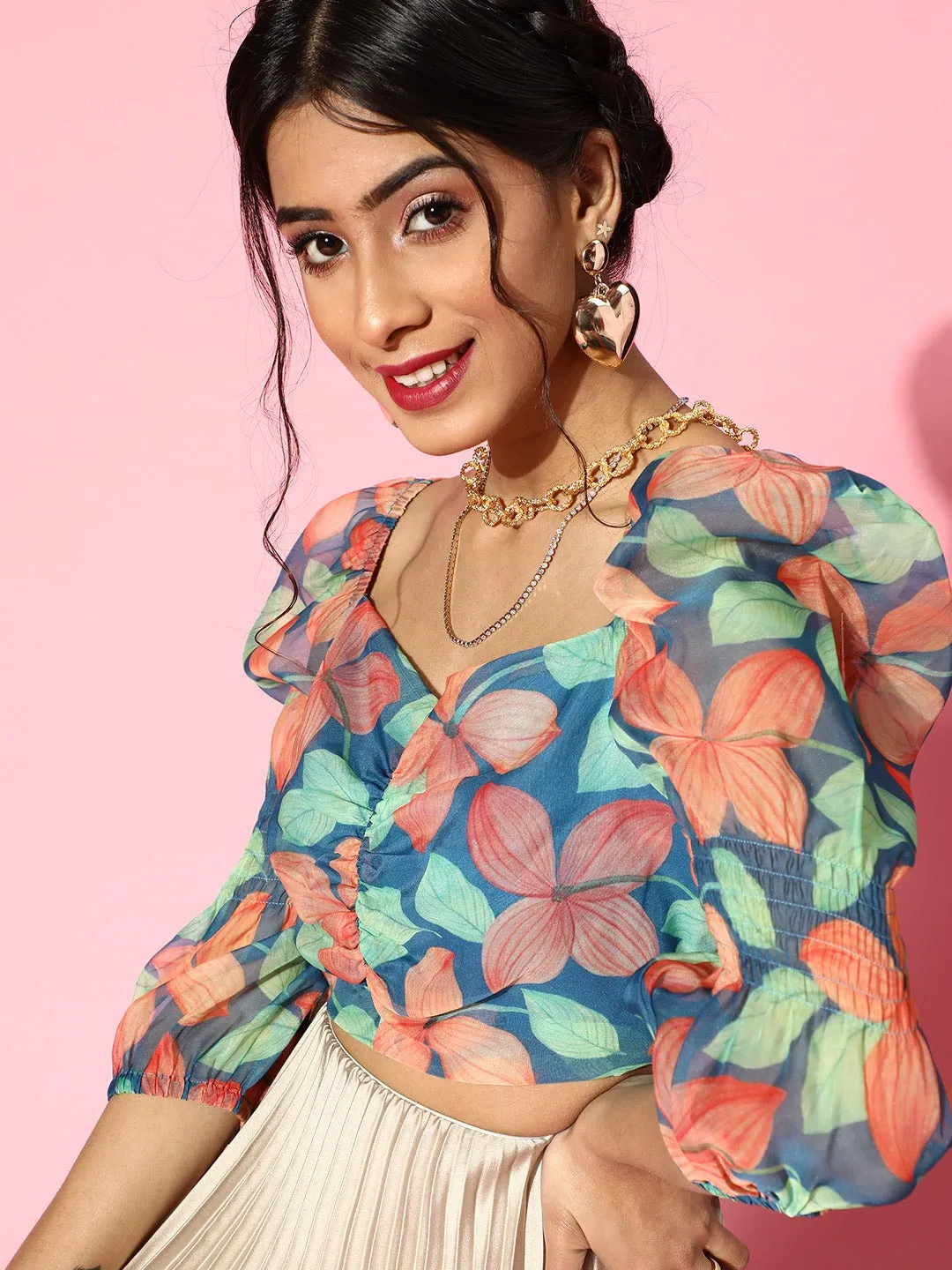 Blue Floral Organza Ruched Crop Top