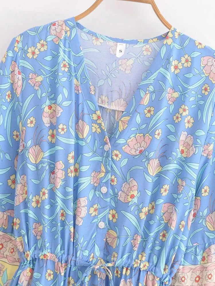 Boho Mini Dress – Blue Floral Tunic Sundress with Bell Sleeves  Elowen