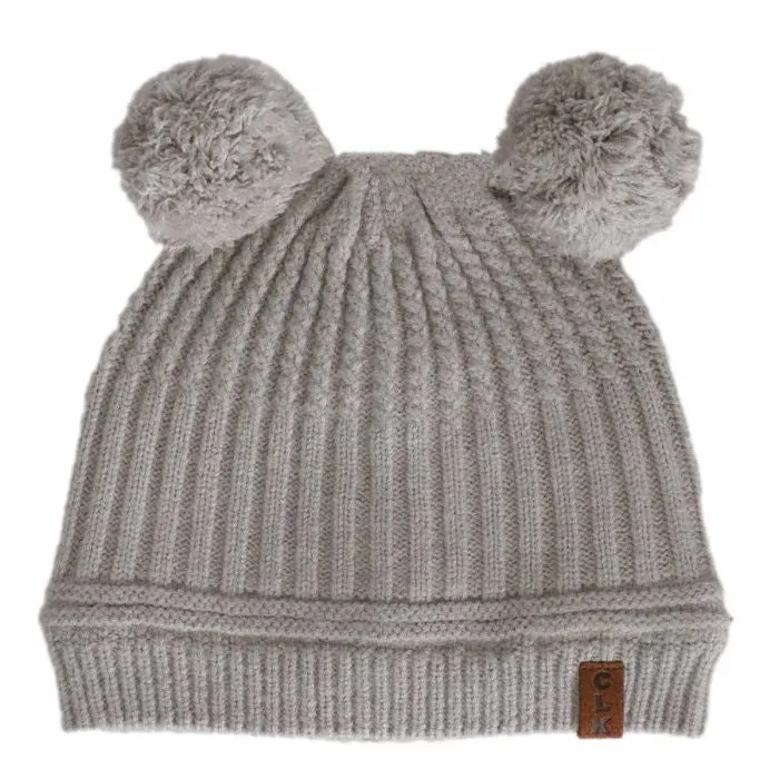 CALIKIDS KNIT BABY DUAL POM POM HAT 9-24M -STONE, PINK
