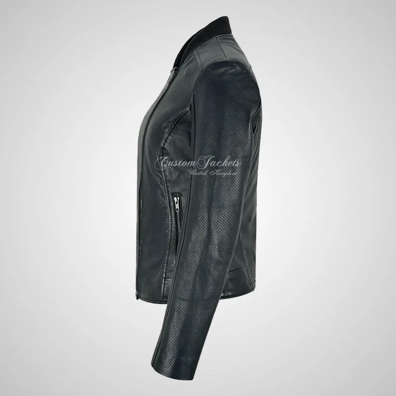 CAMILLE Perforated Leather Jacket For Women Navy