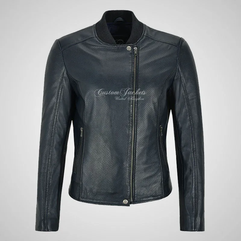 CAMILLE Perforated Leather Jacket For Women Navy