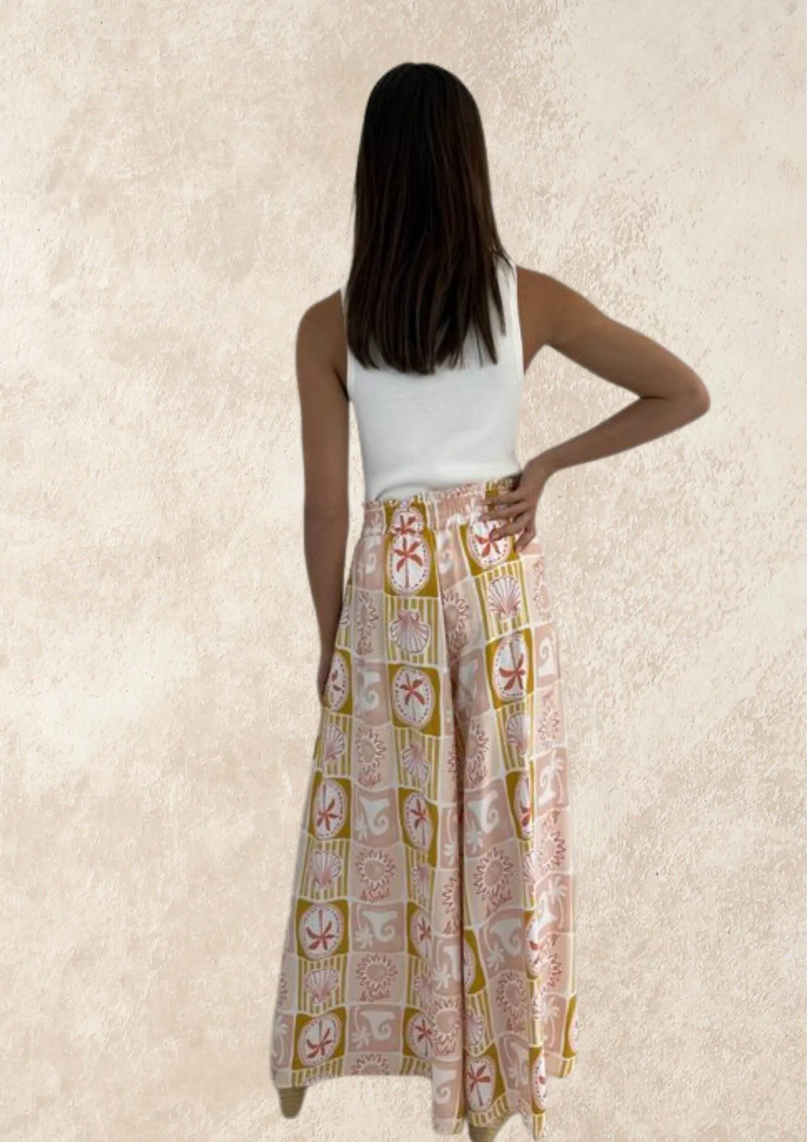 Canary Wide Leg Pants in Peach Block Print