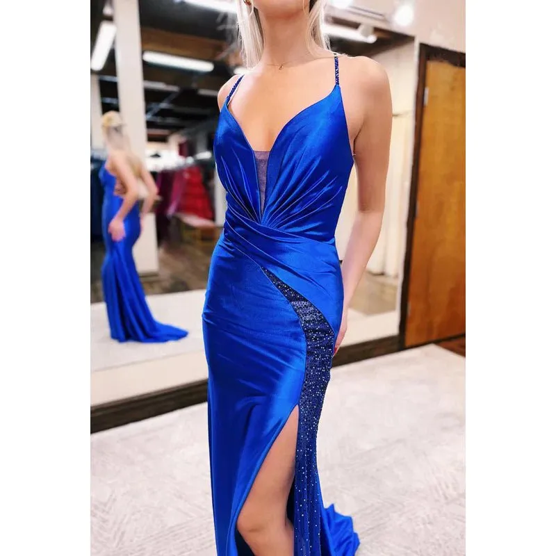 Chic & Morden V-neck Spaghetti Straps Evening Party Prom Dress With Slit