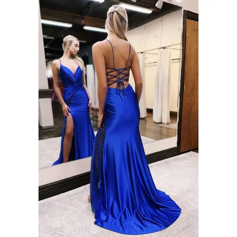 Chic & Morden V-neck Spaghetti Straps Evening Party Prom Dress With Slit