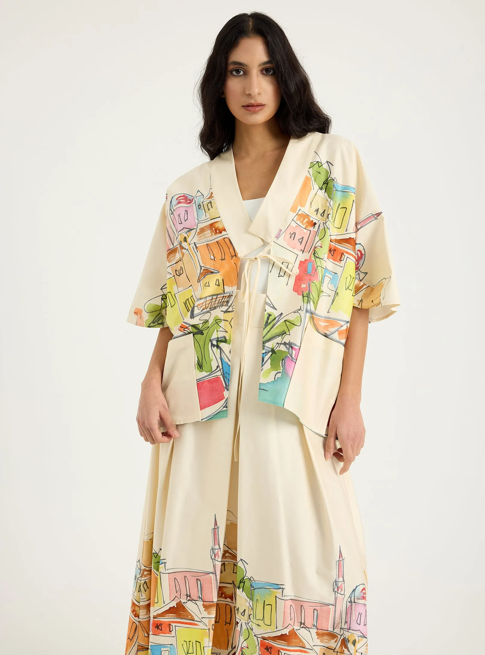 City Printed Cotton-poplin Jacket & Skirt Set