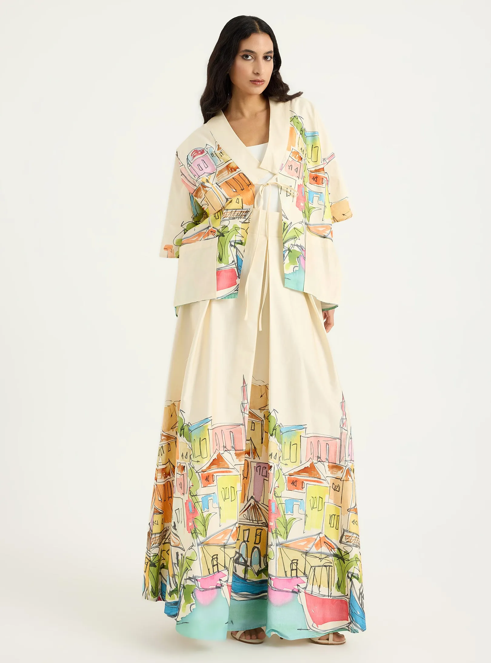 City Printed Cotton-poplin Jacket & Skirt Set