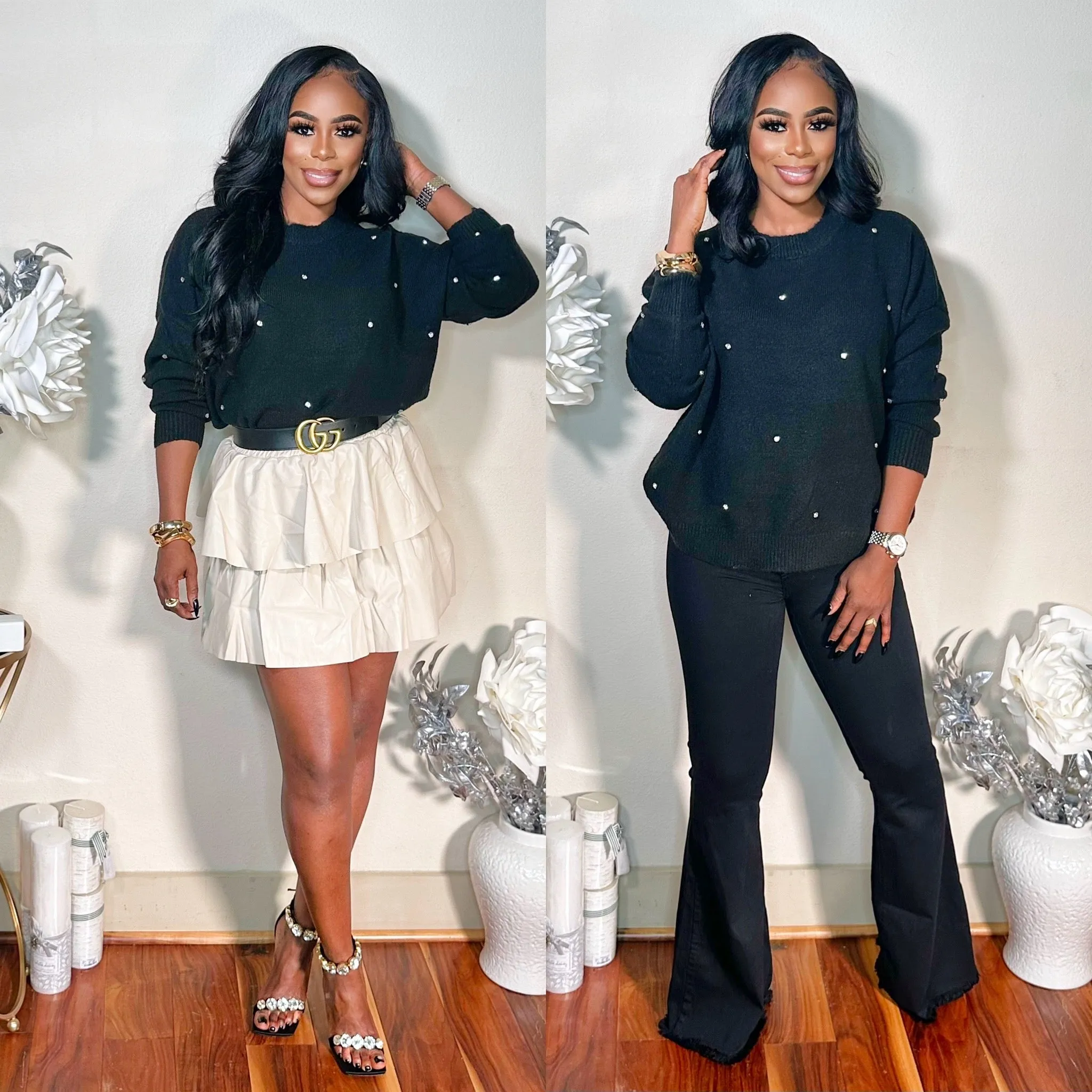 CLASSY GIRL RHINESTONE SWEATER (BLACK)
