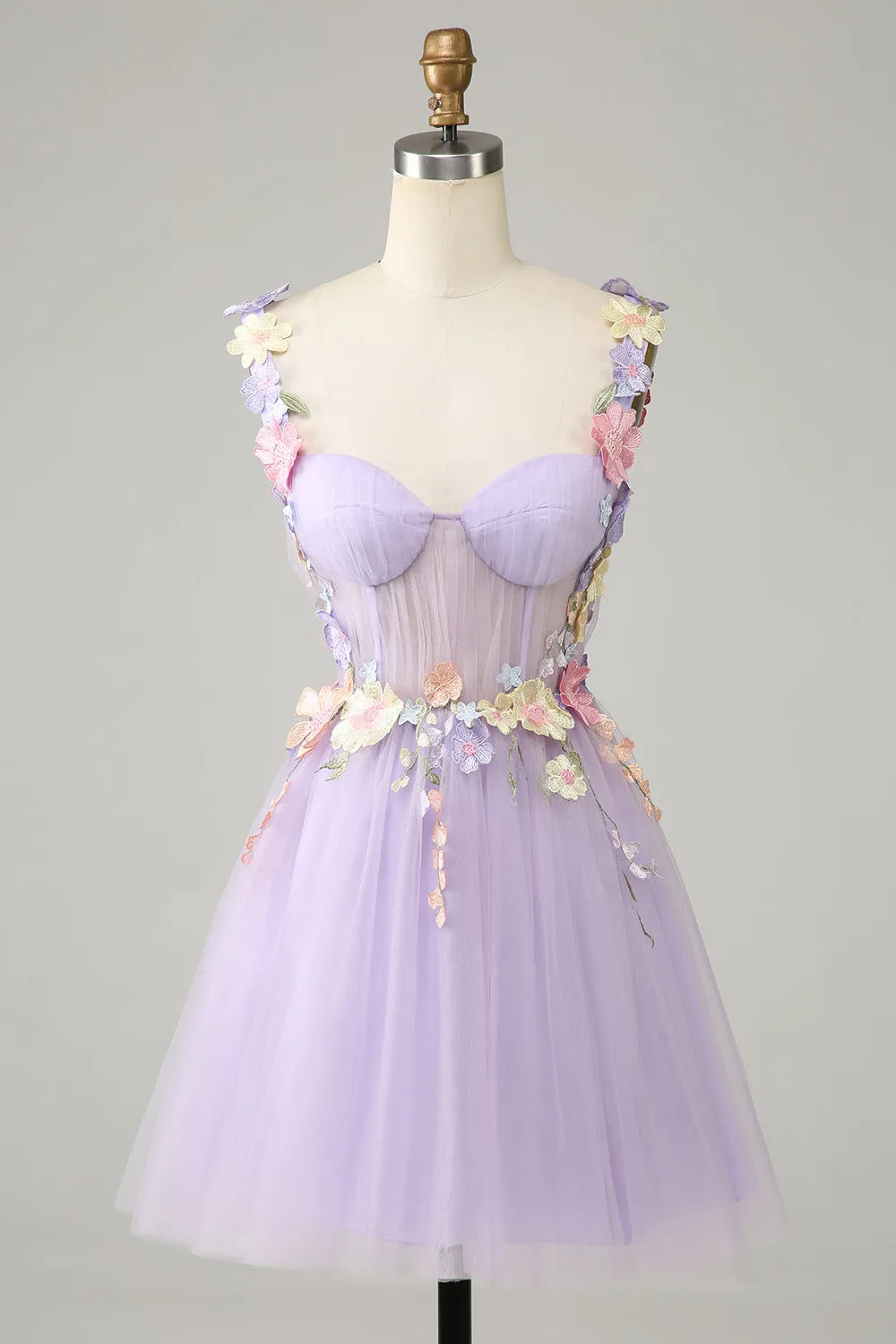Colorful 3D Floral Sweetheart See Through Liac Homecoming Dress
