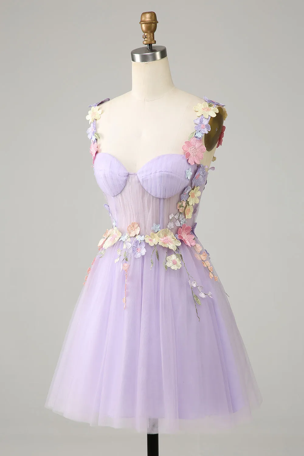 Colorful 3D Floral Sweetheart See Through Liac Homecoming Dress
