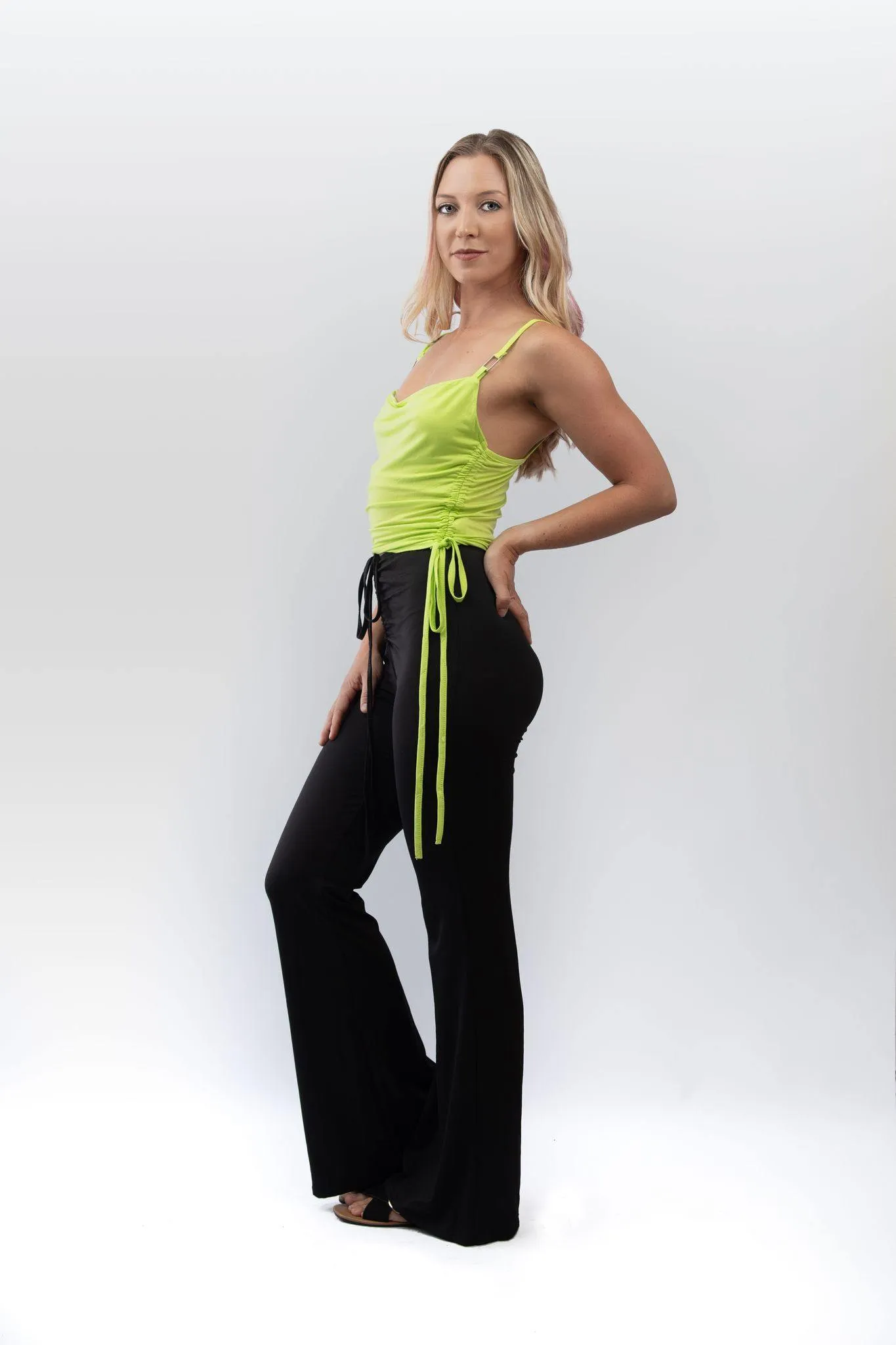 Cowl Neck Ruched Side Crop Top in Lime Green