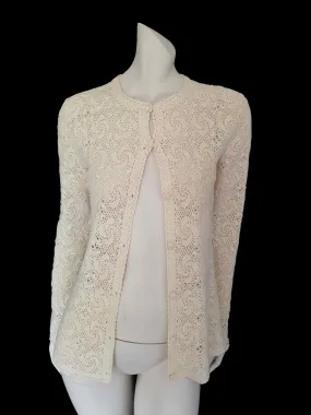 Crocheted Cream Wool Cardigan - M