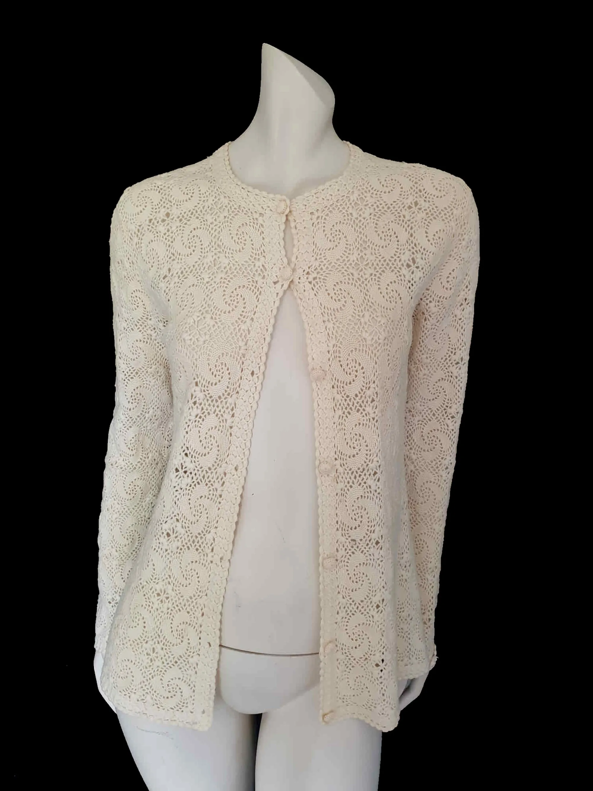 Crocheted Cream Wool Cardigan - M