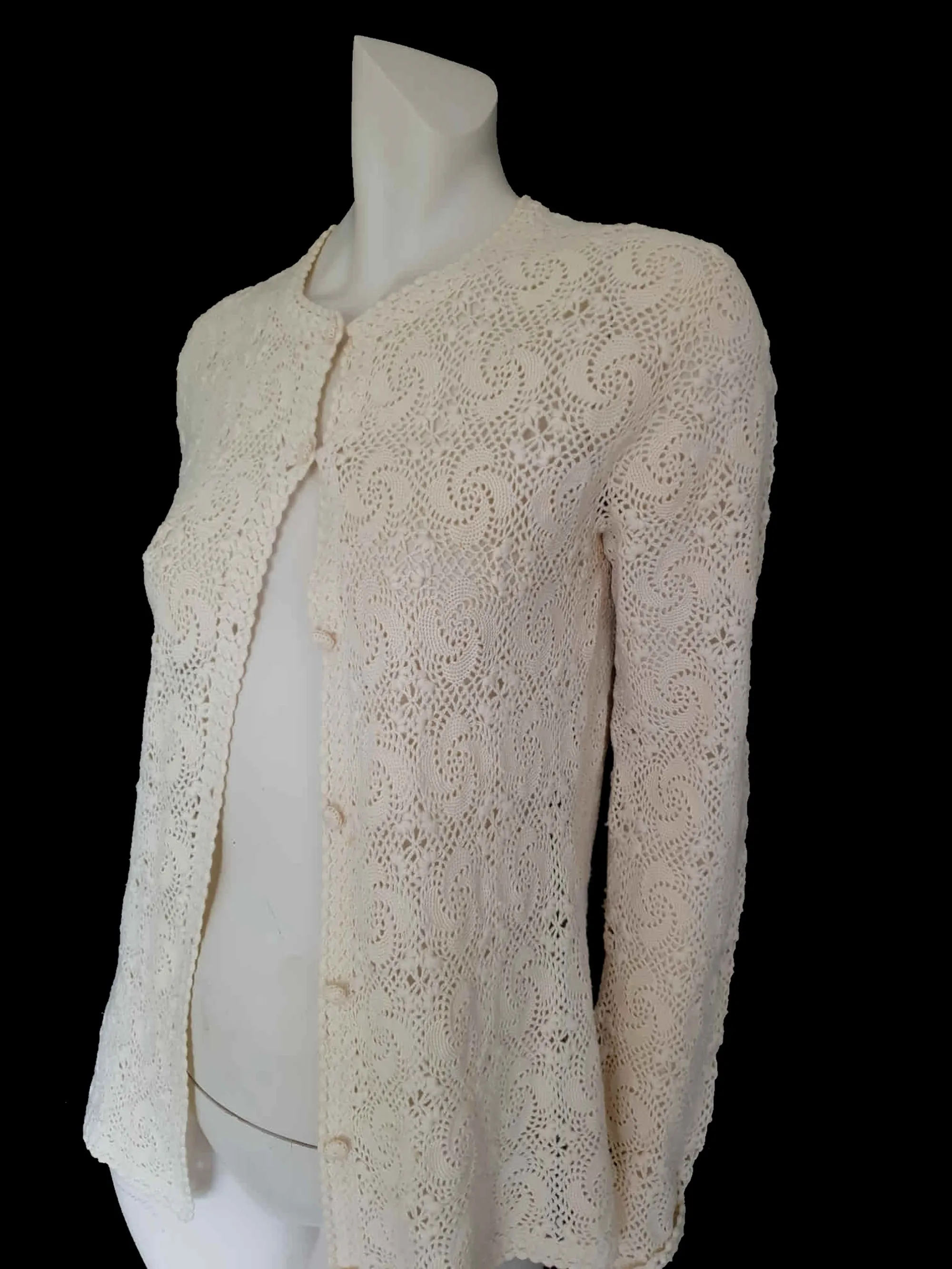 Crocheted Cream Wool Cardigan - M