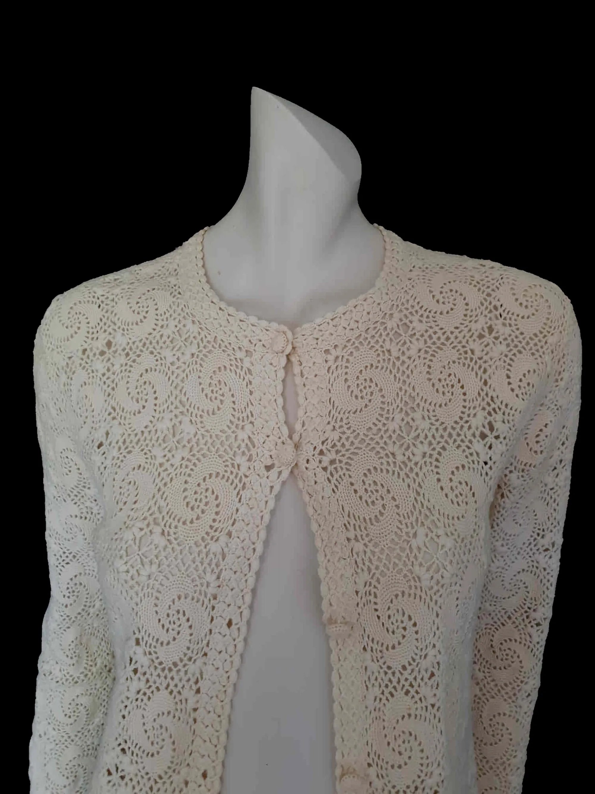Crocheted Cream Wool Cardigan - M