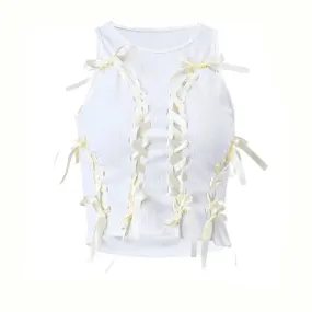 Cross Ribbon Sleeveless White Tank Crop Top