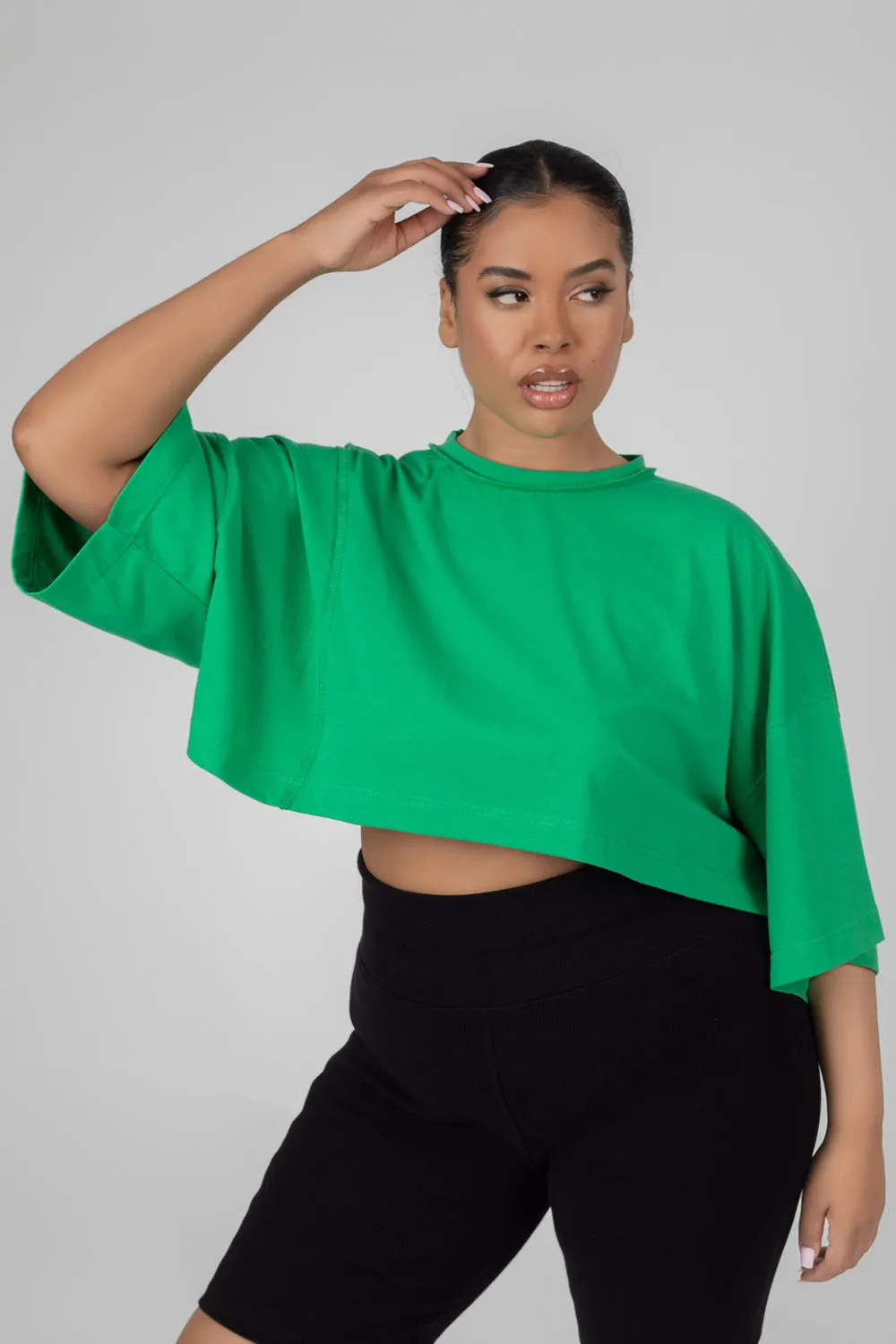 Curve Exposed Seam Oversized Cropped T Shirt Green