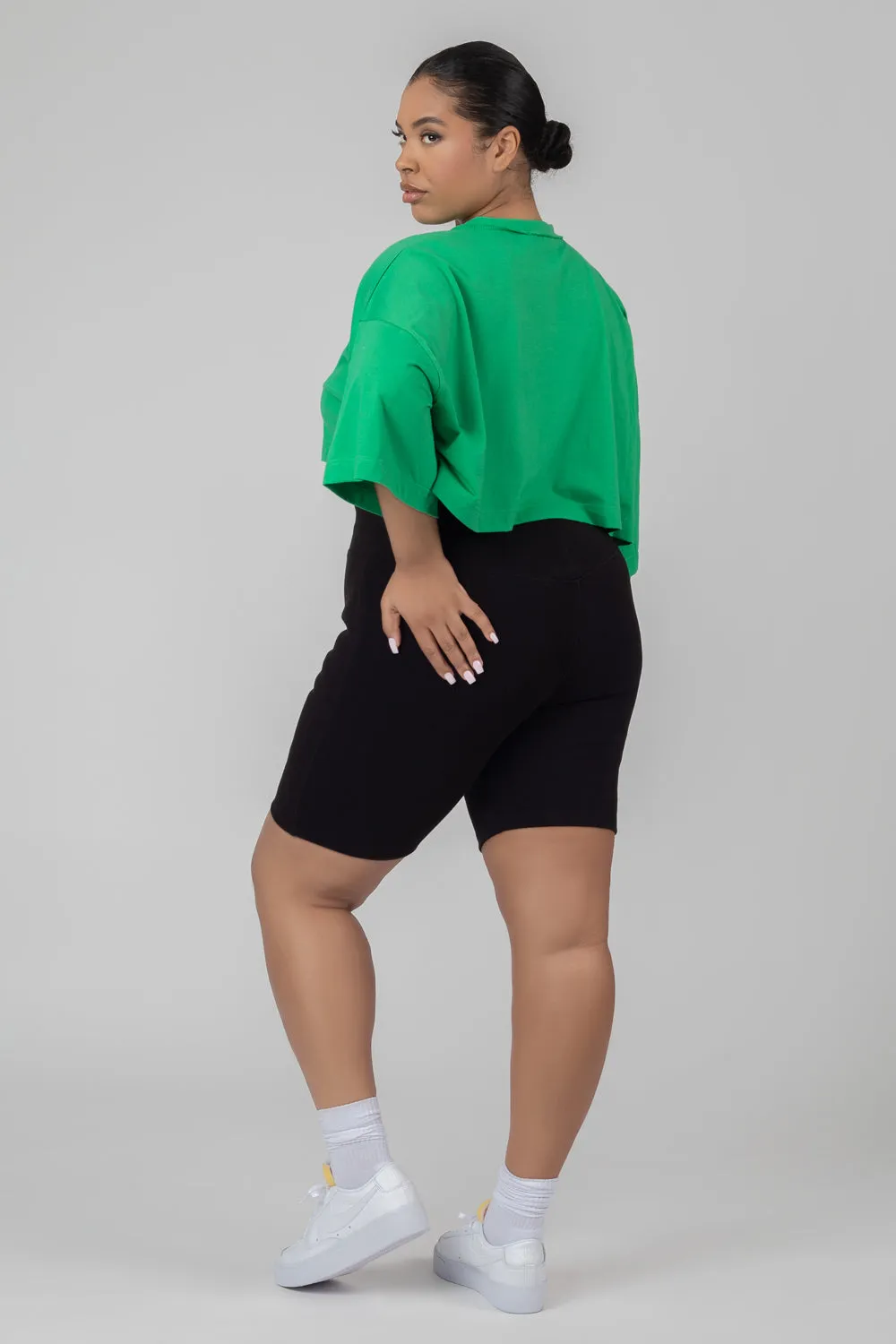Curve Exposed Seam Oversized Cropped T Shirt Green