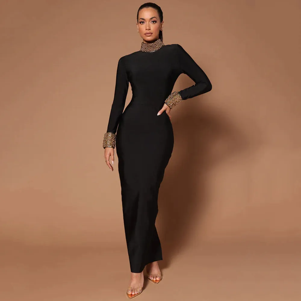 Diamond Beaded Long Sleeve Bandage Backless Cocktail Dress