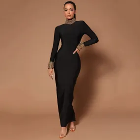 Diamond Beaded Long Sleeve Bandage Backless Cocktail Dress