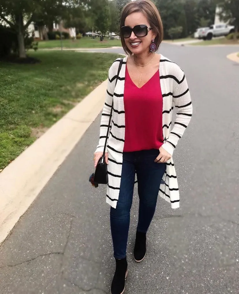 Doe & Rae White Striped Duster Cardigan- Size M