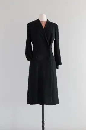 Elegant 1920's Black Crepe Longline Tuxedo Style Coat With Fur Wrap / Small