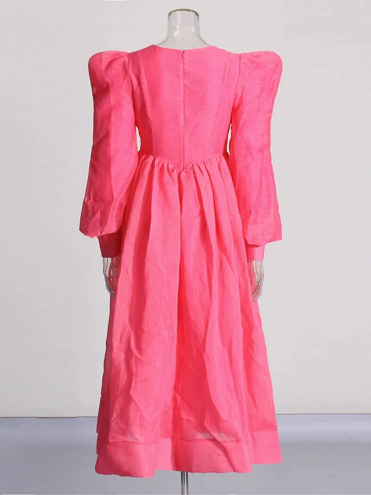 Elegant Round Neck Lantern Sleeve Ruffle Loose Dress
