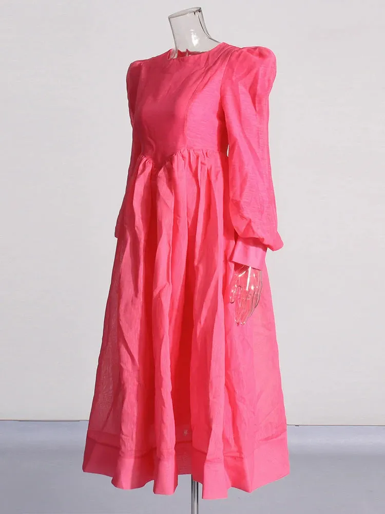 Elegant Round Neck Lantern Sleeve Ruffle Loose Dress