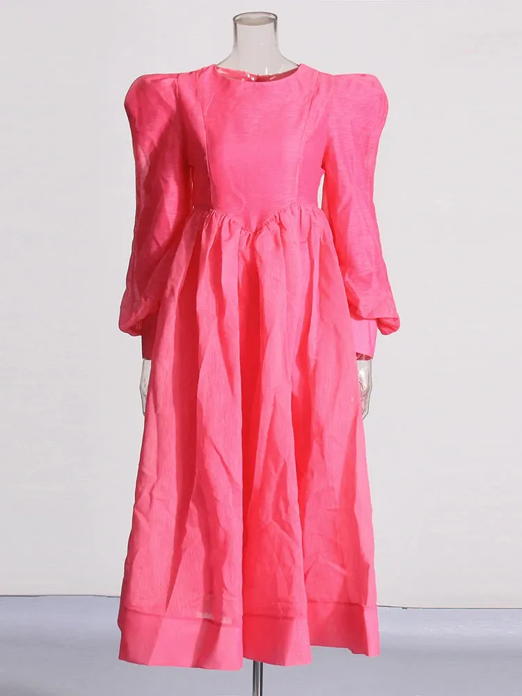 Elegant Round Neck Lantern Sleeve Ruffle Loose Dress