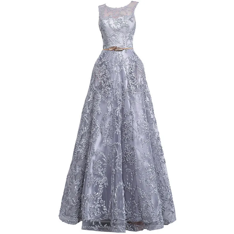 Elegant Sleeveless Embroidered Ribbon Maxi Slim Evening Dress