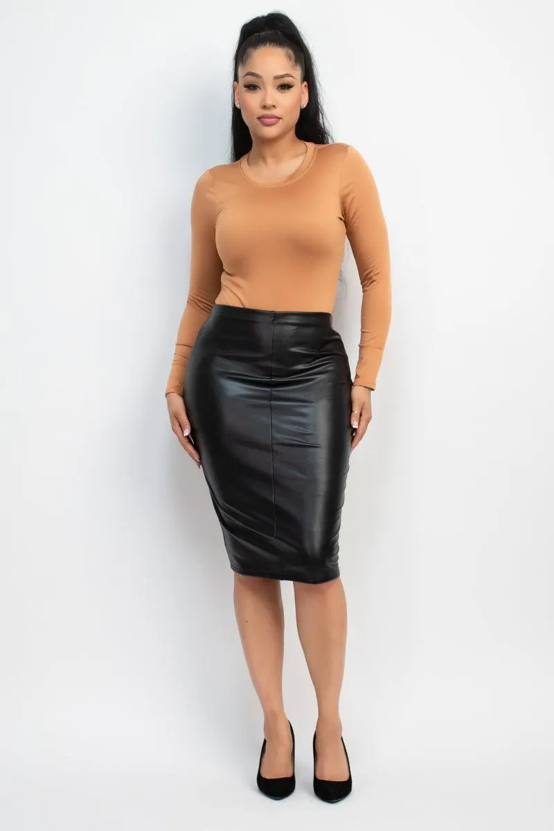 faux leather brushed midi skirt