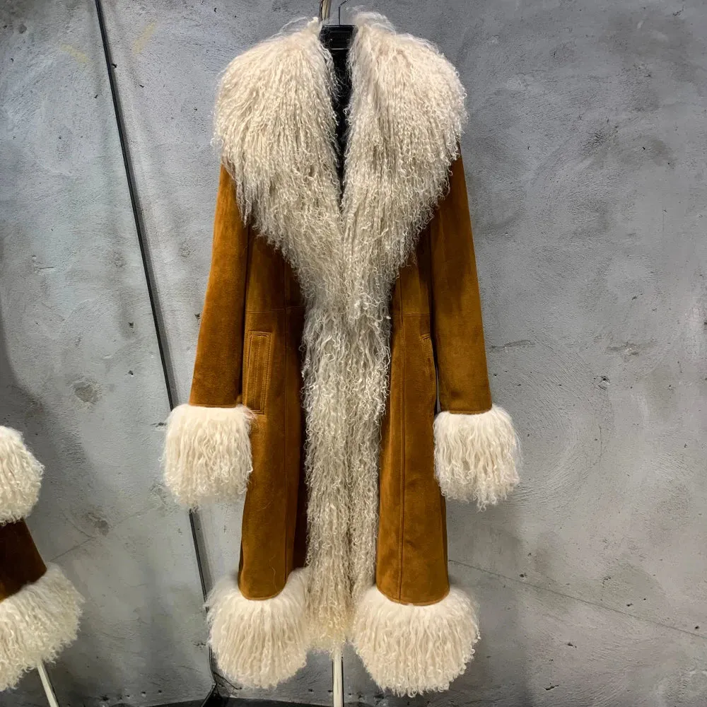 Genuine Shearling Suede Fur Long Coat